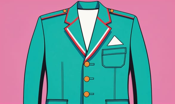A close-up image of the front of a teal blazer. The blazer has gold buttons, red and white trim, a white triangle pocket patch, and two pockets. The background is a solid pink.