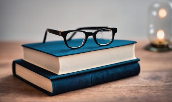 Two books, one blue and one white, are stacked on top of each other on a wooden surface. On top of the books are a pair of black eyeglasses.