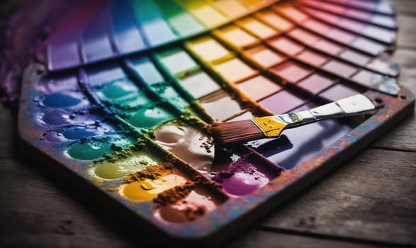A paintbrush is placed on a wooden palette, surrounded by different shades of paint. Some of the paint is still wet, while other areas have dried and cracked