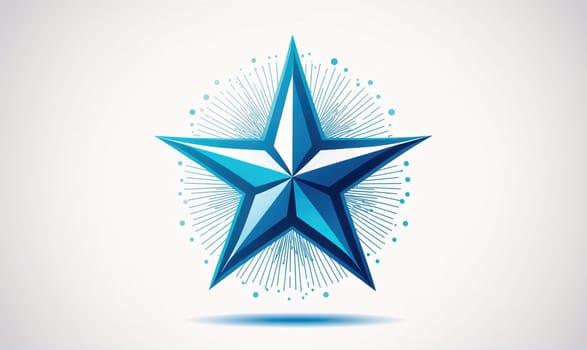 A blue five-pointed star with a white center is featured against a white background. The star is set against a burst of light rays with blue and white dots.