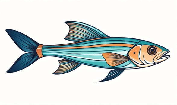 A stylized illustration of a blue and orange fish. The fish has long, striped fins and a tail. Its body is light blue with orange stripes.