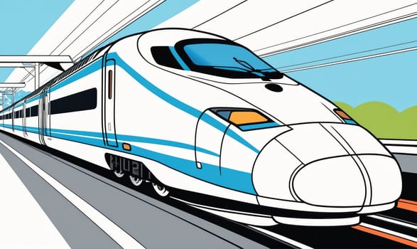 A white and blue high-speed train is shown pulling away from a station platform. The train has a smooth, rounded design and is moving at a high speed, leaving a trail of motion blur behind it.