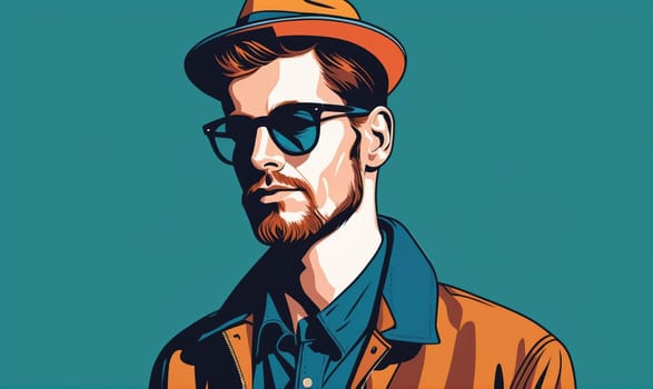 An illustration of a man with a beard, sunglasses, a hat, and a jacket. He is looking to the side, and the background is a teal color.