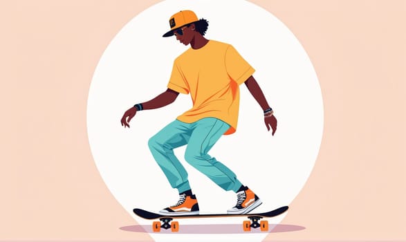 A young man in a yellow shirt and a cap is skateboarding while looking forward. He is wearing blue pants and orange and black sneakers.