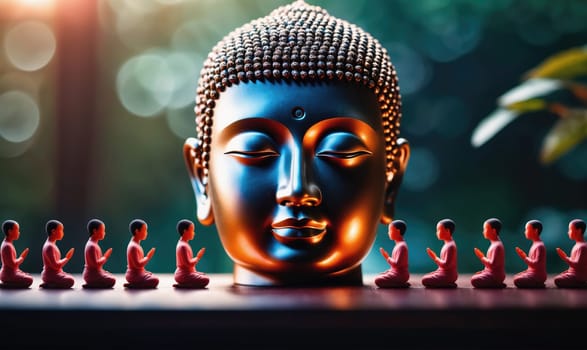 A close-up of a large golden Buddha head with closed eyes. The head is centered in the image, with a row of smaller, red figures sitting in front, all meditating in a similar position