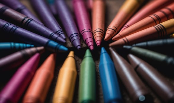 A close-up image of a group of colorful crayons arranged in a circular pattern, with their pointed ends facing inwards. Some crayons are in focus, while others are out of focus