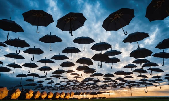 A field of umbrellas are suspended in the air against a blue sky with clouds. The umbrellas are all black and create a striking contrast against the setting sun.