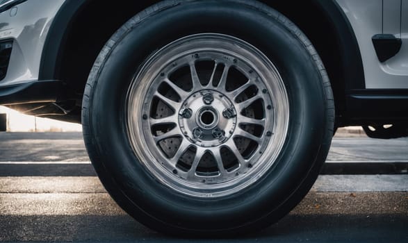 A close-up of a silver rim and black tire on a truck parked on a paved street. The tire is on the right side of the vehicle, and the pavement is cracked and worn.