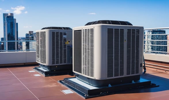 Two large air conditioning units are on a flat rooftop. The units are grey and have large metal grilles. There is a city skyline in the background.