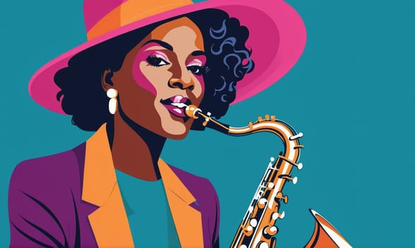 A woman with dark curly hair wears a pink hat, a teal shirt, an orange jacket, and purple blazer. She plays a gold saxophone.