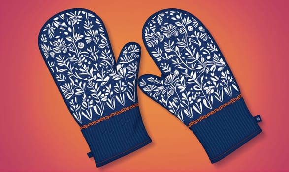 Two oven mitts lie flat on a red background. The mitts are blue with white floral designs. The mitts have a band of orange stitching around the edge.