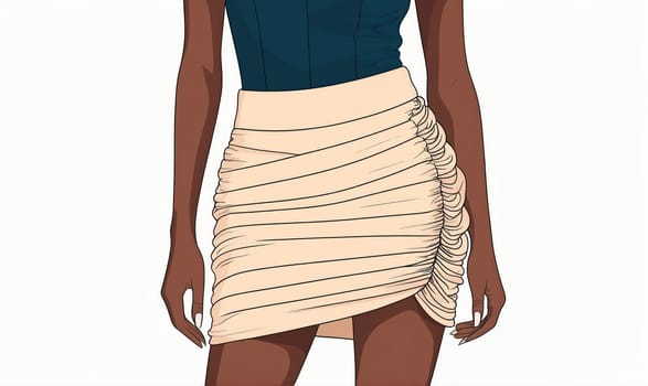 A woman wears a short, cream skirt with ruched detailing. She has dark skin and is wearing a navy top.