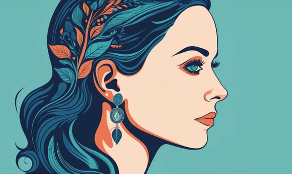 A digital illustration of a woman's face in profile. She has long, dark blue hair with a floral crown. She is wearing large, dangly earrings with blue stones and feathers
