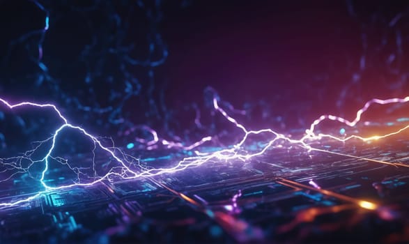 A digital rendering of a circuit board with electrical currents flowing across it, depicting a powerful electrical force.