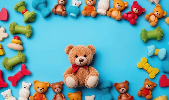 A brown teddy bear is positioned in the center of the image on a blue background