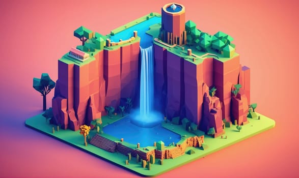 A low-poly 3D model depicting a waterfall cascading down a cliff into a small pond. The scene is surrounded by trees and a small building on top of the cliff. The background is a vibrant pink.
