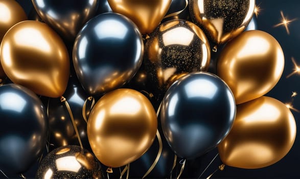 A cluster of shiny gold and black balloons are gathered together, with the shiny ribbons of some of the balloons hanging down.