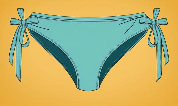 A teal-colored bikini bottom with two long ties that are tied into bows on each side. The bikini bottom is on a yellow background.