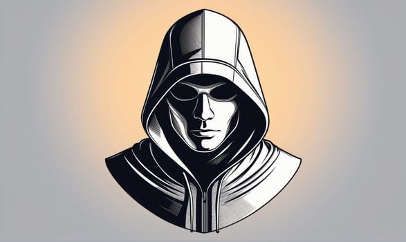 A black and white illustration of a person wearing a hooded sweatshirt and sunglasses, looking straight ahead with a serious expression. The background is a muted gradient of gray and yellow.