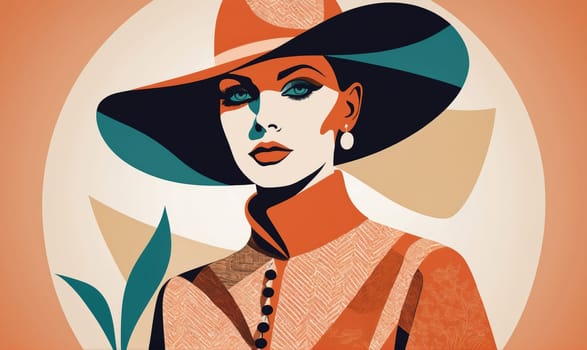 An illustration of a woman with blue eyes, wearing a wide-brimmed hat, a patterned orange dress, and a pearl earring. She is facing the viewer