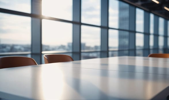 A long, white table is set against a backdrop of large windows overlooking a city. The sun is shining brightly through the windows, reflecting off the table and creating a warm glow.