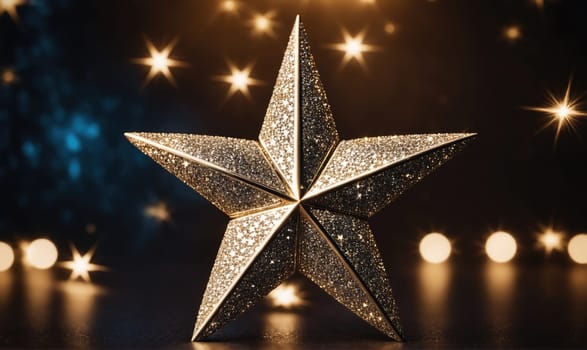 A glittering gold star with a five-pointed design stands out against a dark background. Several out-of-focus lights shine in the background.