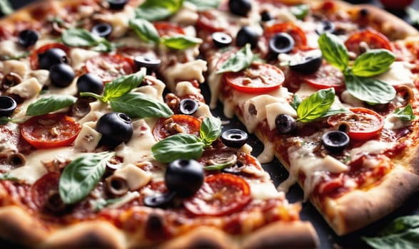 A pizza with cheese, tomato, olive, and basil toppings. One slice is pulled away from the rest.