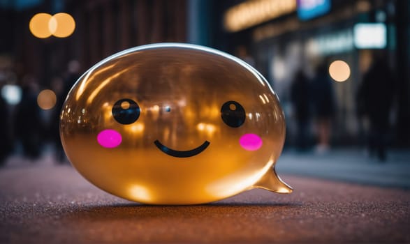 A golden balloon with a smiling face and pink cheeks lies on a sidewalk. The balloon is shaped like a speech bubble, and there are blurry lights in the background.