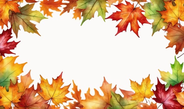 A border of autumn leaves in various shades of red, orange, yellow, and green surround a white background.