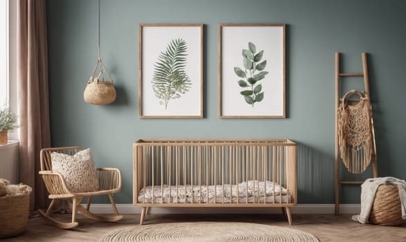 A nursery with a wooden crib, a rocking chair, a hanging basket, and a ladder with a woven wall hanging. The crib has a white mattress and sheets, and the rocking chair has a cream-colored pillow