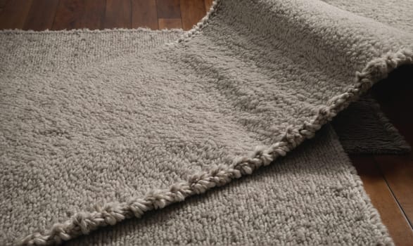 The image captures a section of a gray rug, showcasing its soft, textured weave and detailed craftsmanship. The rug is folded over on a wooden floor, revealing a close-up of its intricate pattern.
