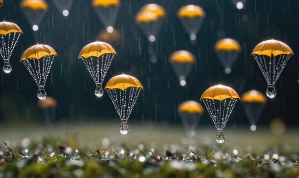 Raindrops descend from the sky, each one resembling a small, yellow parachute. The drops are suspended in mid-air by the force of their descent, creating a surreal and beautiful scene