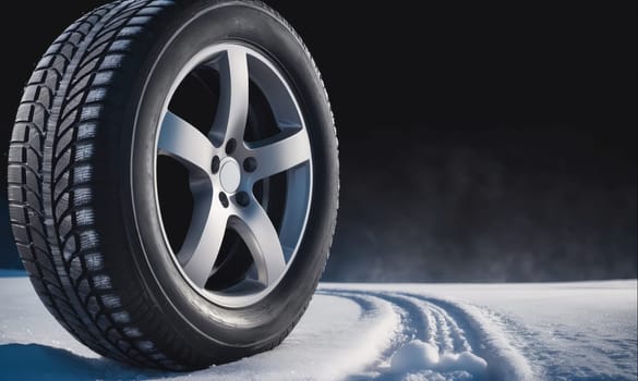 A single tire with a silver rim is positioned on a snowy surface. The tire has deep tread patterns that are visible against the white snow