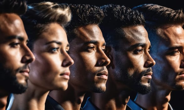 Five people stand in a row, their faces serious and looking to the left. The group consists of four men and one woman. All of the people have dark hair and dark skin.