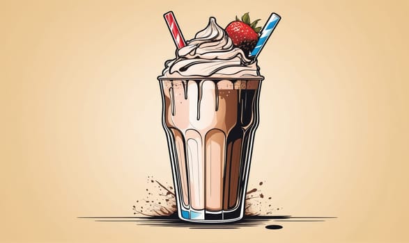 A tall glass of chocolate milkshake with a thick layer of whipped cream topped with a fresh strawberry sits on a counter, ready to be enjoyed.