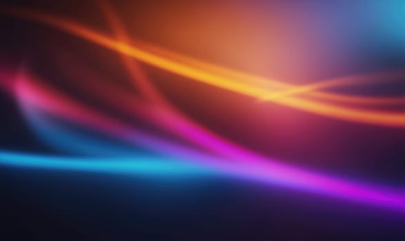 A dark background is illuminated by abstract lines of blue, purple, and orange light. The lines curve and intersect, creating a dynamic and colorful composition.