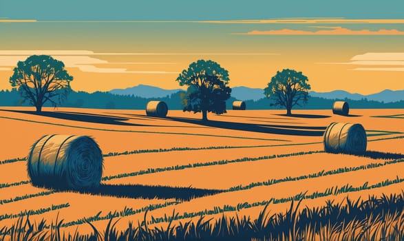 The image shows a field of tall grass with several hay bales scattered throughout. There are trees in the middle ground and distant mountains on the horizon