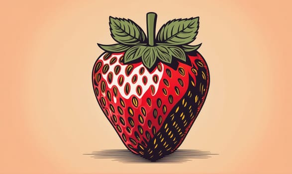 An illustration of a single strawberry with its leaves, depicted in a vintage style with a detailed illustration of the fruit's seeds.