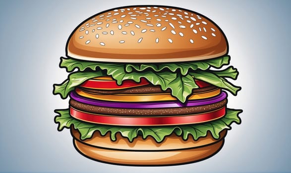 A cartoon hamburger with lettuce and tomato on it. The burger is large and has a lot of toppings