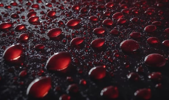 A close-up shot of numerous red water droplets sitting on a dark textured surface. The droplets appear shiny and reflect light, creating a vibrant contrast against the dark background.