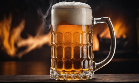 A glass mug of beer with a thick head of foam sits on a wooden surface. The beer is light in color and has a hazy appearance