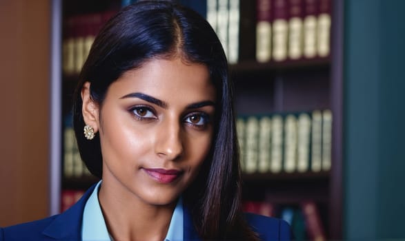 A young woman with dark hair is standing in front of a bookshelf. She is wearing a blue blazer and has a serious expression on her face. She looks directly at the camera.