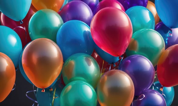 A close-up view of a cluster of brightly colored balloons in various shades of blue, green, red, orange, and purple. The balloons are all inflated and appear shiny and reflective.