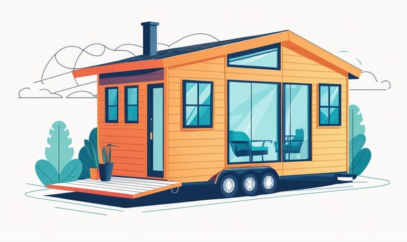 A tiny house, built of wood with a brown roof, sits on a flatbed trailer with three wheels. The house has several windows, a small wooden porch, and a chimney
