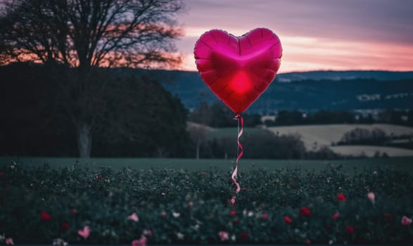 A single, red heart-shaped balloon floats in the air above a field of flowers. The balloon is tied to a long, white string
