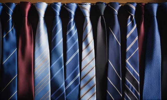 A close-up image of various striped ties hanging on a shelf. The ties are all different colors and patterns, but mostly shades of blue, with a few burgundy ties.