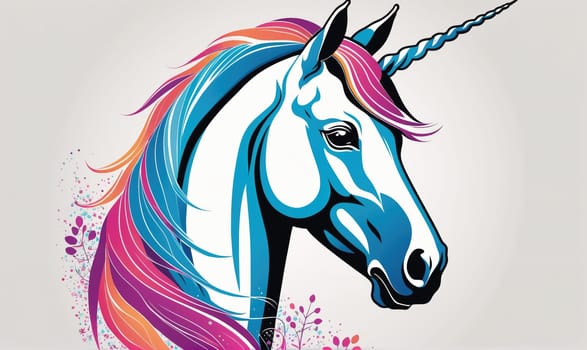 A digital illustration of a unicorn head with a spiral horn and a long, colorful mane. The background is light gray with a few abstract floral elements