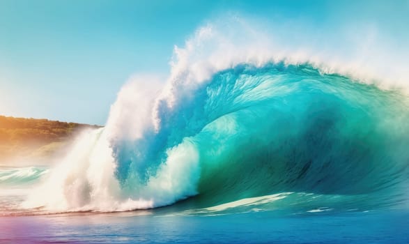 A large wave crashes on a coastline creating a colorful display of turquoise and white water. The wave appears to be breaking in a horseshoe shape.