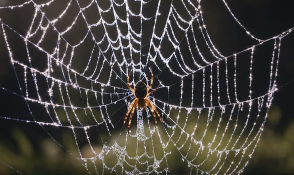 A spider sits patiently in the center of its intricate web, which is covered in small dewdrops that catch the light. The web is a beautiful example of natural craftsmanship.