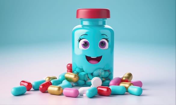 A blue pill bottle with a red lid and a smiling face sits on a white surface with its lid off